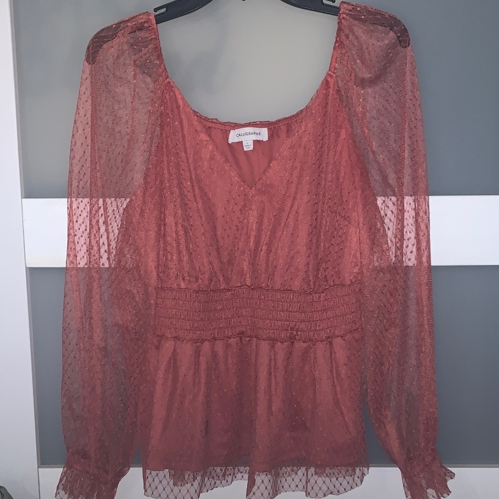 Calypso St. Barth Rust Sheer Dot Blouse with Smocked Waist